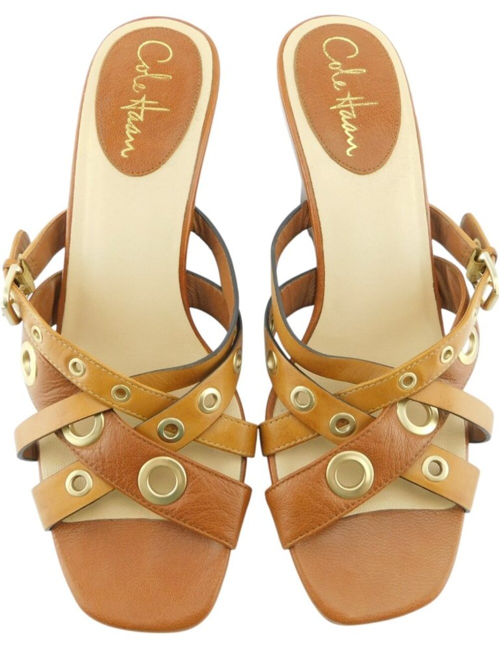 COLE HAAN Nike Air Brown Leather Grommet Crisscross Strap Wedge Slide Sandals 8